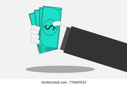 Flat Design With Human Hands, Hand Holding Money Or Money In Hand Card And Wallpaper Background. Design Concept For Graphic, Banners, Presentations, Wallpaper, Reports. Vector Illustration. Eps10