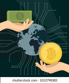Flat design with human hands, money, map of the world and golden bitcoins. Editable vector illustration