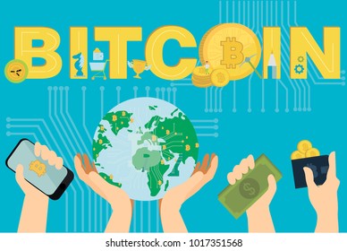Flat design with human hands, smartphones and golden bitcoins and crypto currency. Editable vector illustration