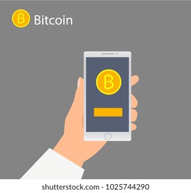 Flat design with human hands, smartphones and golden bitcoins. Eps 10 vector file. Flat modern design concept of cryptocurrency technology, bitcoin exchange, bitcoin mining, mobile banking.