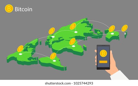 Flat design with human hands, smartphones and golden bitcoins. Eps 10 vector file. Flat modern design concept of cryptocurrency technology, bitcoin exchange, bitcoin mining, mobile banking.
