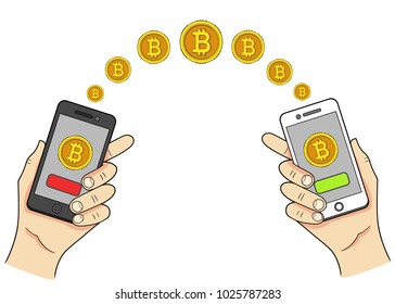 Diseño plano con manos humanas, smartphones y bitcoins dorados. Archivo de Vector Eps 10.