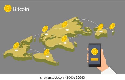 Flat design with human hands, smartphones and golden bitcoins. Eps 10 vector file. Flat modern design concept of cryptocurrency technology, bitcoin exchange, bitcoin mining, mobile banking.