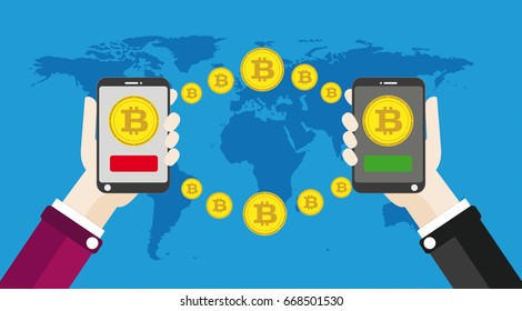 Flat design with human hands, smartphones and golden bitcoins. Eps 10 vector file.