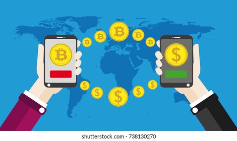 Flat design with human hands, smartphones, golden dollar and bitcoins. Eps 10 vector file.