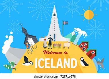 Flat design, Iceland landmarks and icons, Vector Illustration