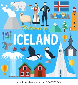Flat design, Iceland landmarks and icons, Vector Illustration