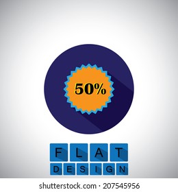 flat design icon of 50% discount sale badge - vector graphic. This graphic can also represent announcement of festive or seasonal sale, big sale, mega discounts