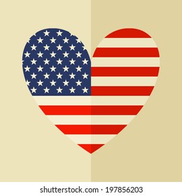 Flat design icon with the American flag in the shape of a heart.