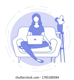 Flat design icon of the best place for remote work. Young woman is working outsourced. lat design vector illustration, ready to animation vector concept for web site, presentation, mobile app.