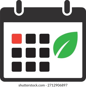 Um ícone de desenho plano de um calendário preto com um quadrado vermelho e uma folha verde sobre um fundo branco.