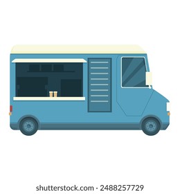 Flat design icon of a blue food truck with serving window, ideal for mobile catering concepts