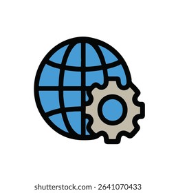 Flat design icon of a blue globe and a gear representing global settings, technology, system configuration, or international operations. Useful for IT, tech, or network illustrations.