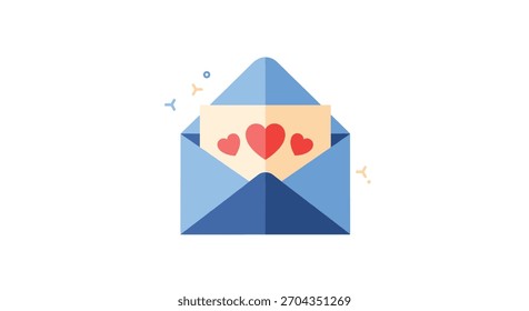 Ícone de design plano de um envelope aberto azul com uma carta dentro com três corações vermelhos.
