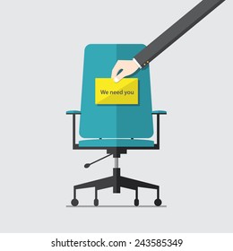 Flat Design Icon For Business Chair With Hand Holding Cardboard Paper With We Need You Message, Vector,  Illustration