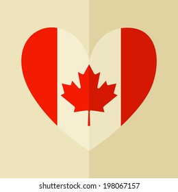 Flat design icon with the Canadian flag in the shape of a heart.