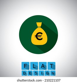 flat design icon of cash bag, saving euros - vector graphic. This graphic can also represent investment of money, bank deposit account, accumulating money, etc