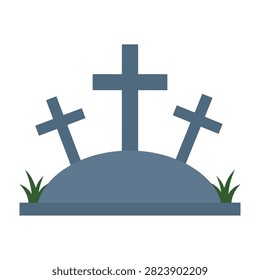 Flat design icon of a cemetery scene featuring three blue crosses on a mound. Perfect for memorial, death, funeral, or religious concepts.