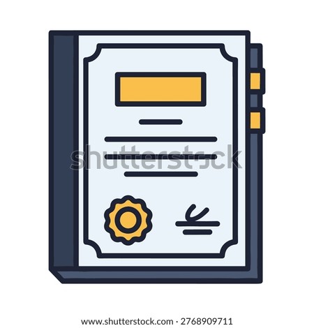 A flat design icon of a certificate or document with a dark blue border and yellow accents, representing authentication, verification, or official recognition.