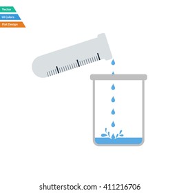 Flat design icon of chemistry beaker pour liquid in flask in ui colors. Vector illustration.