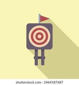 Flat design icon of a classic archery target with a red flag on top, casting a soft shadow