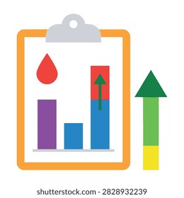 Flat design icon of a clipboard displaying a bar chart with a blood drop symbol. Represents medical statistics, blood donation records, and healthcare data analysis.