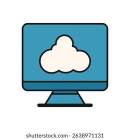 Flat design icon of cloud service on blue desktop monitor representing cloud computing or web access technology