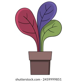 flat design icon, colorful leafy plant growing in a pot