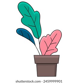 flat design icon, colorful leafy plant growing in a pot