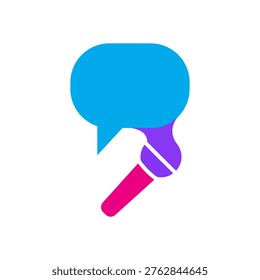 flat design icon combining a blue speech bubble with a colorful microphone in purple and pink representing voice broadcasting podcast journalism and public speaking for media and communication use