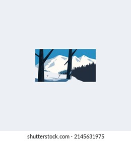 Flat design icon conceptual landscape winter season. Mountain scenery with snow and tree. Vector illustration of beautiful mountain and snow scenes.