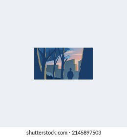 Flat design icon conceptual landscape city silhouette. City scenery with people back view and tree. Vector illustration of beautiful city silhouette and people scenes.