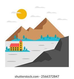 A flat design icon of countryside landscape