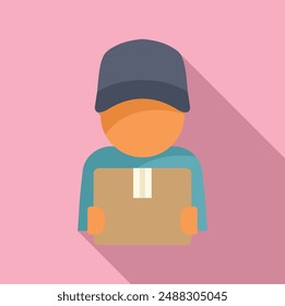 Flat design icon of a courier holding a package, isolated on a pink background