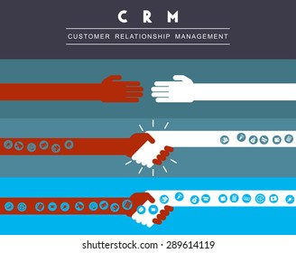 Flat design icon of Customer Relationship Management development topic include, handshake,documents,phone,message, chart, mouthpiece, data, mail, book, money, calculator, gadget, monitor