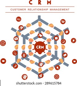 Flat Design Icon Of Customer Relationship Management Development Topic. CRM. Includes Handshake, Tolerance, Ocuments, Phone, Message, Chart, Mouthpiece, Data Base, Mail Envelope.