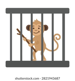 Flat design icon of a cute monkey holding a stick inside a grey metal cage. Concept of captivity, zoo, wildlife conservation, and animal rights. Simple vector graphic for web design.
