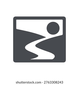 A flat design icon in dark grey and white showing a minimalist landscape with a sun hills and a winding path Perfect for gallery or image placeholders.