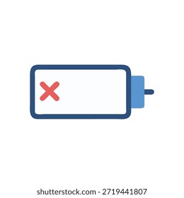 Un icono de diseño plano que representa una batería muerta con un símbolo de cruz roja. La batería está delineada con una línea azul.