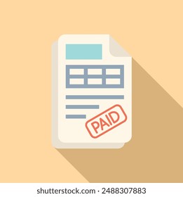 A flat design icon depicting a paid invoice, with long shadow on a beige background