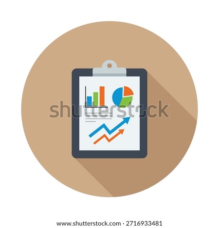 A flat design icon depicts a clipboard holding a business report. It features a bar chart, pie chart, and upward trending line graphs, symbolizing data analysis, financial growth, and market performance.