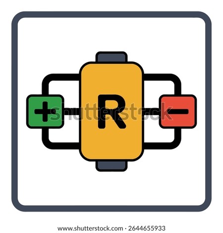 A flat design icon depicts a gold resistor connected to green plus and red minus terminals within a gray square frame. The resistor is centrally positioned.