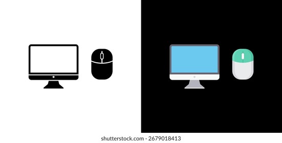 Ícone de design plano do computador desktop e mouse na versão em preto e colorido. Perfeito para temas de tecnologia, digitais e internet.