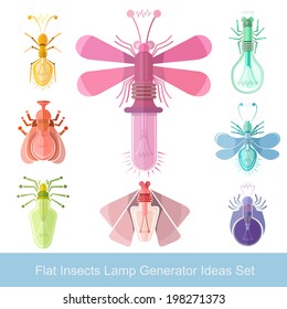 flat design icon of different insects with lamps generator ideas