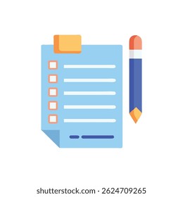 A flat design icon displaying a light blue checklist with a pencil. Simple, clear and minimalist style.