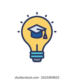 A flat design icon features a graduation cap inside a lightbulb. Depicts education, idea, knowledge, and success.