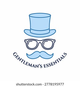 Flat design icon featuring a blue top hat, round glasses, and a mustache with text gentlemans essentials on a plain white background.