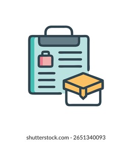 Ícone de design plano com uma área de transferência com registro acadêmico e um teto de graduação. Estilo de vetor simples.