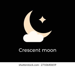 Icono de diseño plano con una luna creciente de color crema, una estrella Pequeña y una nube blanca sobre un fondo negro, que representa la noche, el Clima o el sueño.