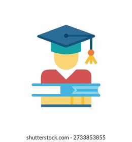 A flat design icon featuring a graduate student holding books. The style is simple and modern.